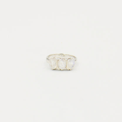 Rainbow Moonstone 3-Stone Sterling Ring Size 7