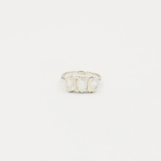 Rainbow Moonstone 3-Stone Sterling Ring Size 7
