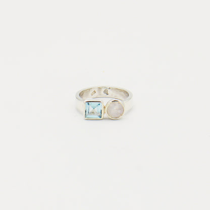 Blue Topaz Square & Round Moonstone Sterling Ring Size 8