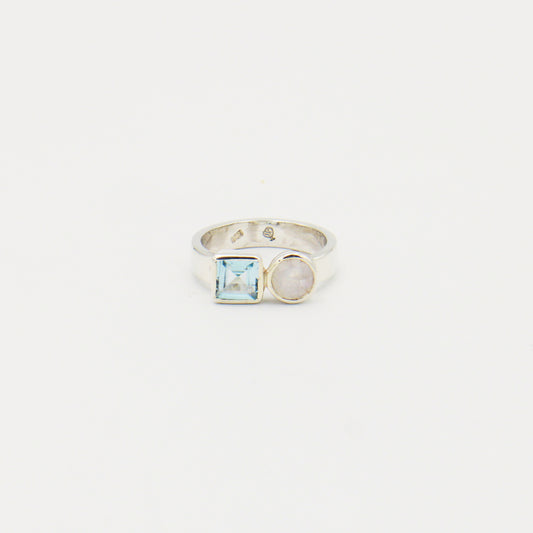 Blue Topaz Square & Round Moonstone Sterling Ring Size 8