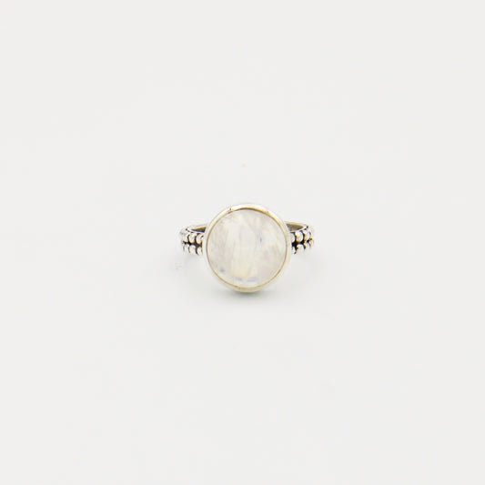 Rainbow Moonstone Round Double Dotty Sterling Ring Size 7