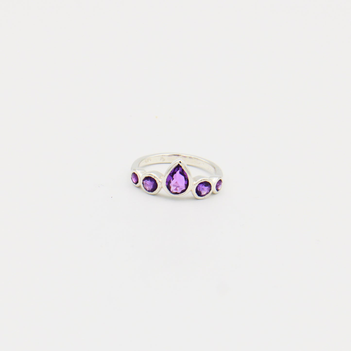 Amethyst Pear and Round Five Stone Sterling Ring Size 7