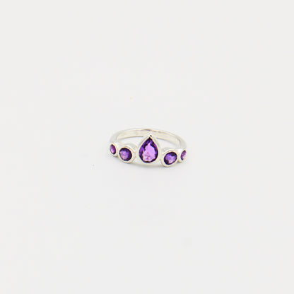 Amethyst Pear and Round Five Stone Sterling Ring Size 7