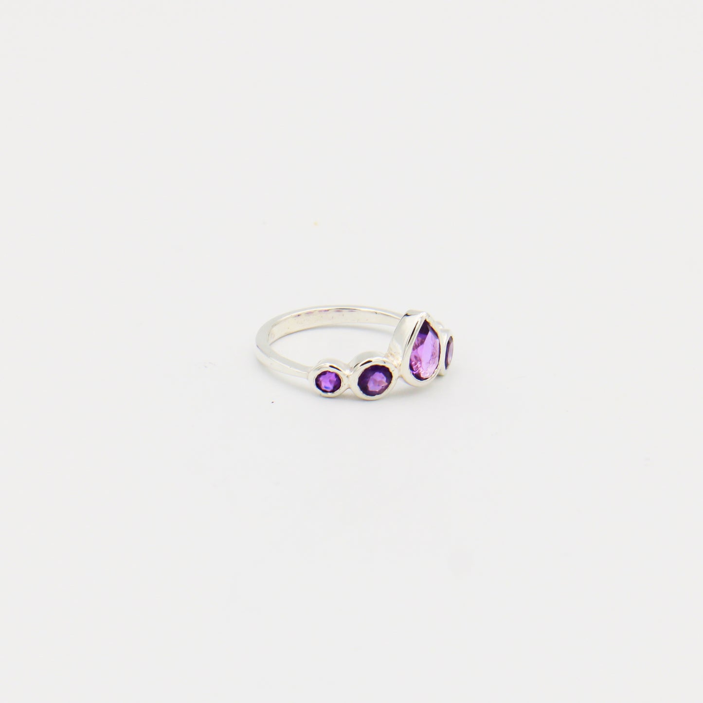 Amethyst Pear and Round Five Stone Sterling Ring Size 7