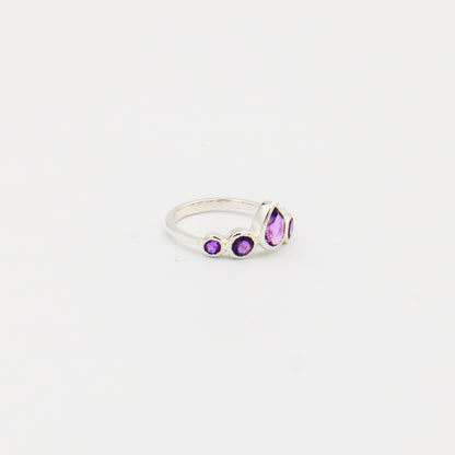 Amethyst Pear and Round Five Stone Sterling Ring Size 7