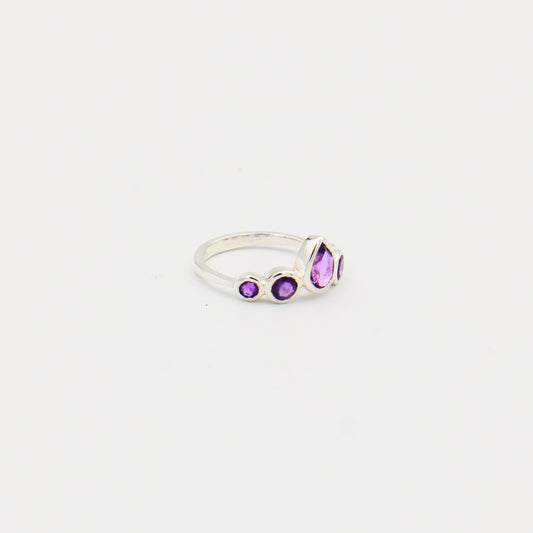 Amethyst Pear and Round Five Stone Sterling Ring Size 7