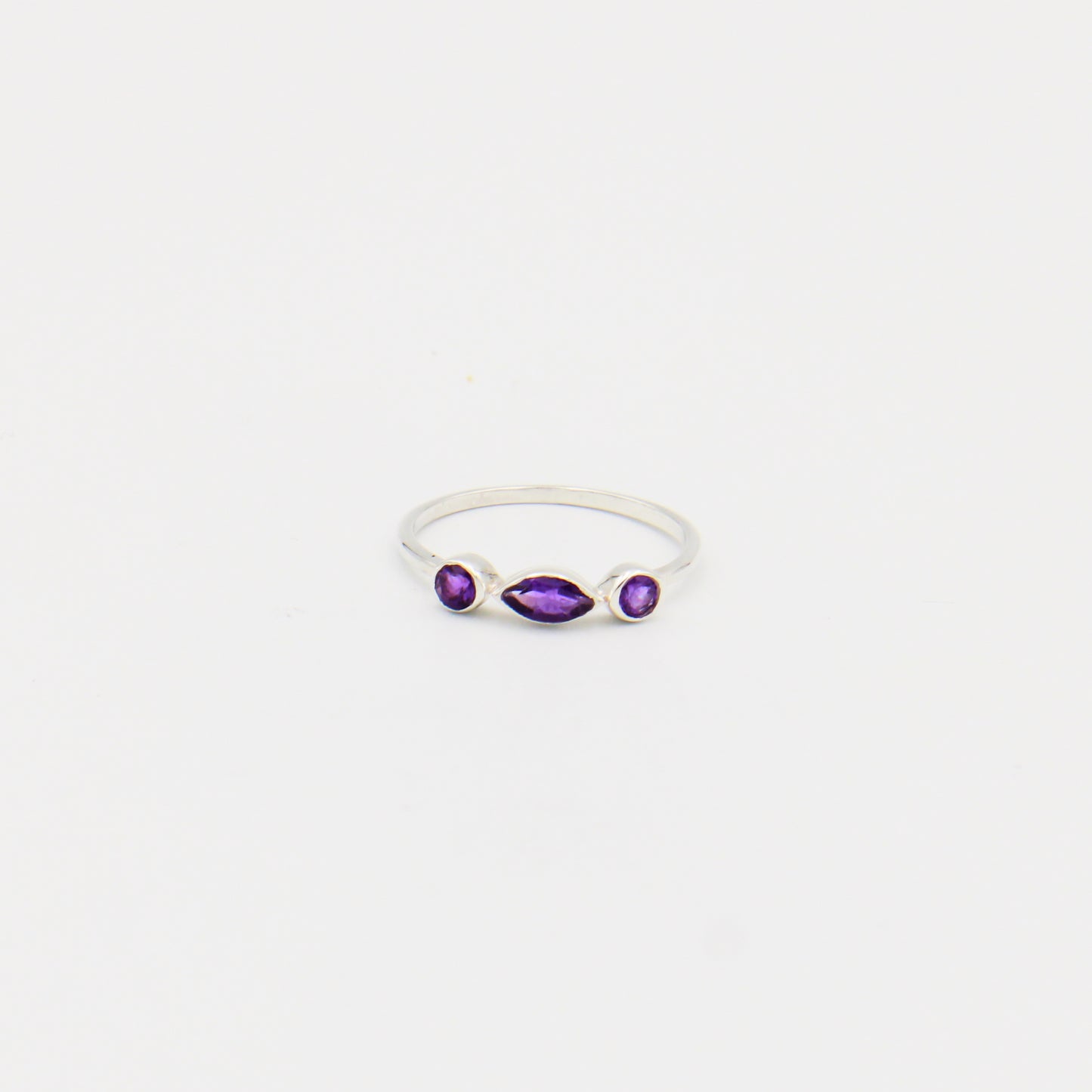 Amethyst Dainty Three Stone Sterling Ring Size 8