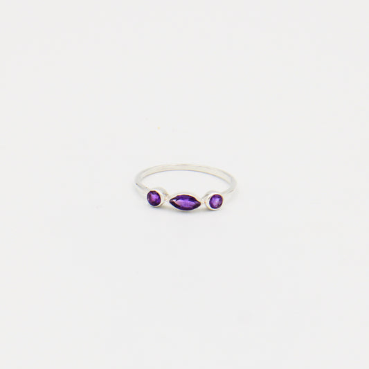 Amethyst Dainty Three Stone Sterling Ring Size 8