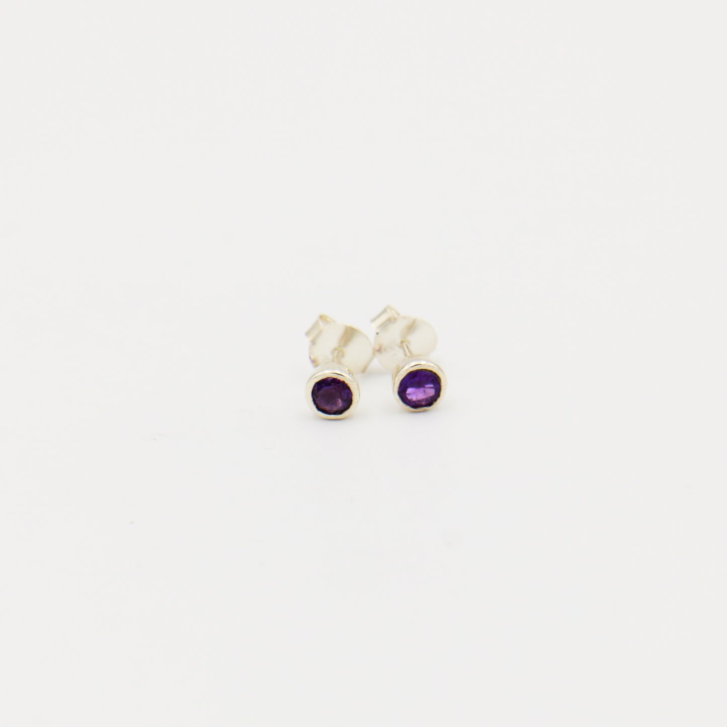 Amethyst Round Bezel Sterling Studs 4mm