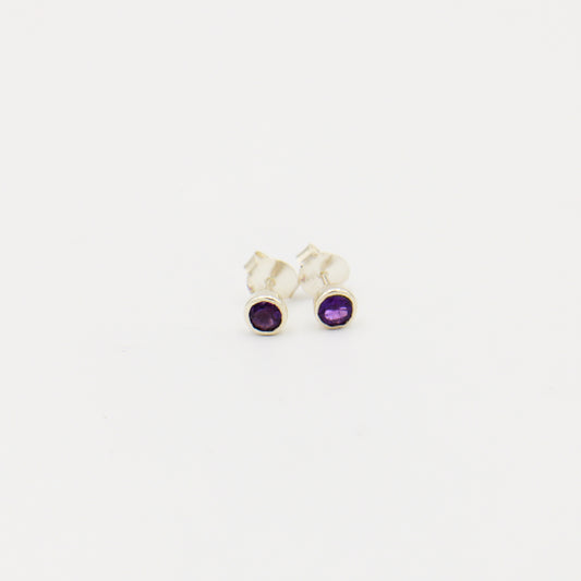Amethyst Round Bezel Sterling Studs 4mm
