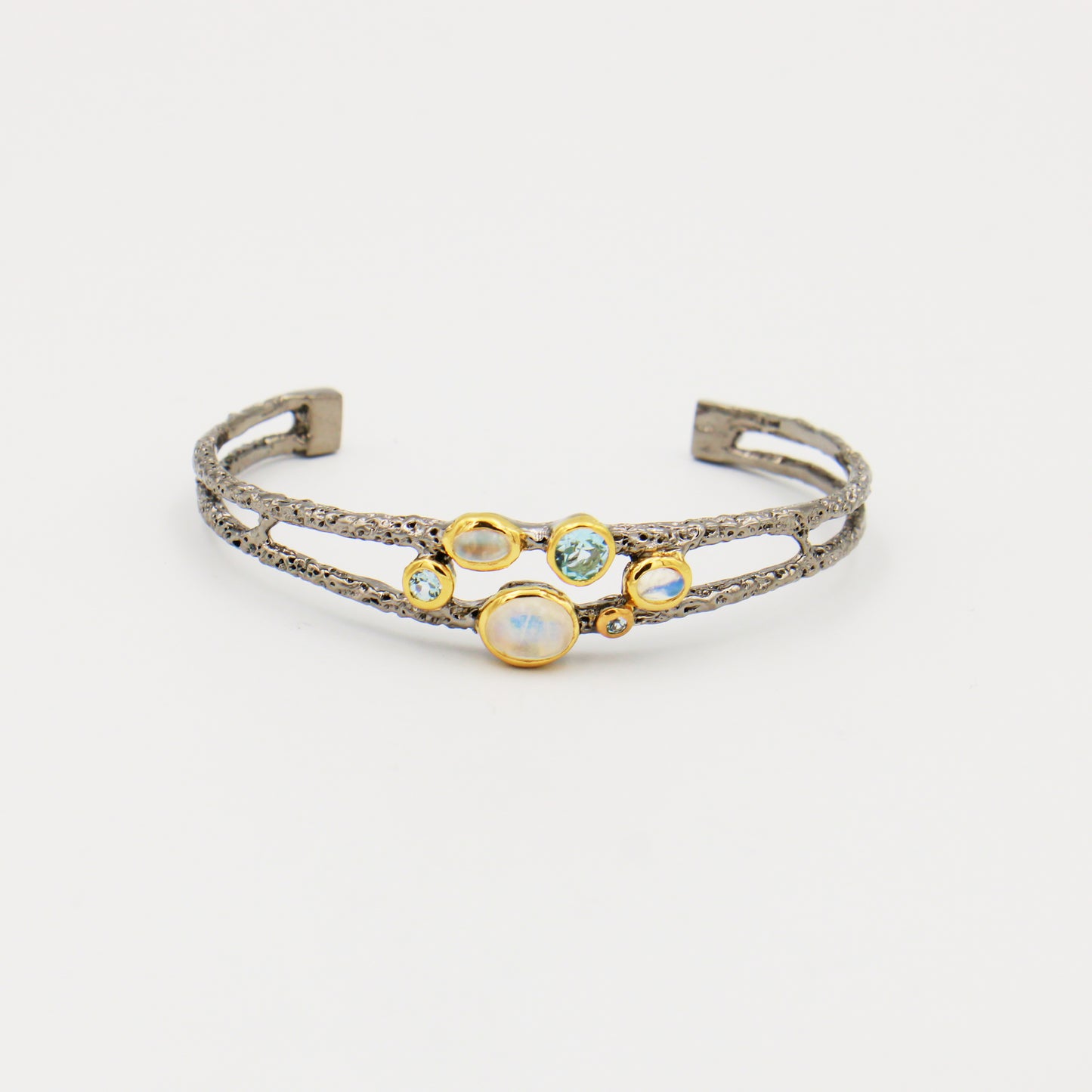Moonstone & Blue Topaz Sterling Cuff Rhodium & Gold Plated