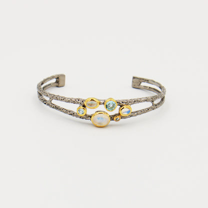 Moonstone & Blue Topaz Sterling Cuff Rhodium & Gold Plated