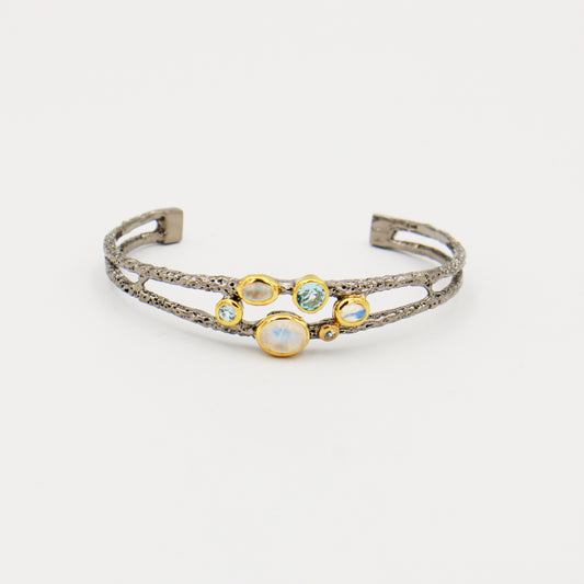 Moonstone & Blue Topaz Sterling Cuff Rhodium & Gold Plated