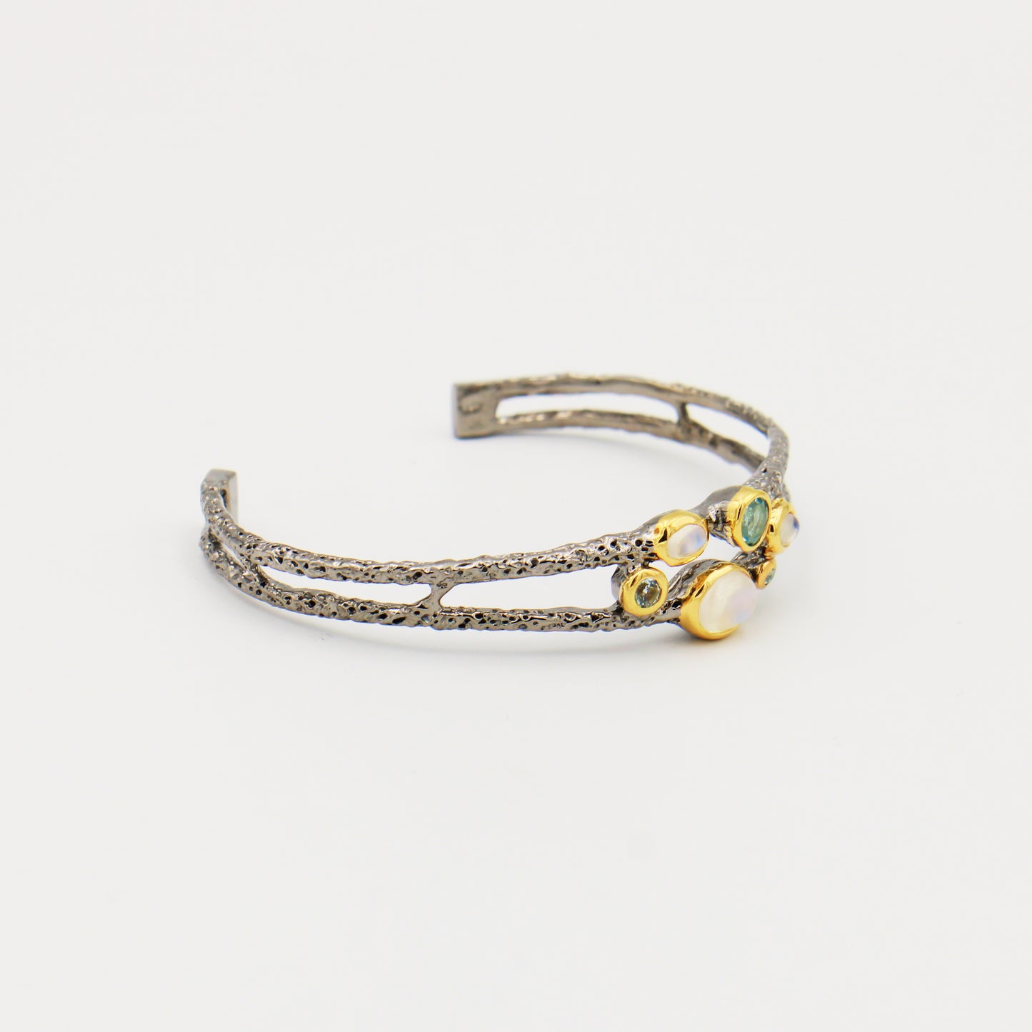 Moonstone & Blue Topaz Sterling Cuff Rhodium & Gold Plated