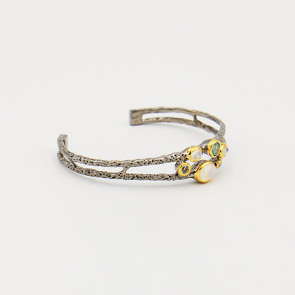 Moonstone & Blue Topaz Sterling Cuff Rhodium & Gold Plated