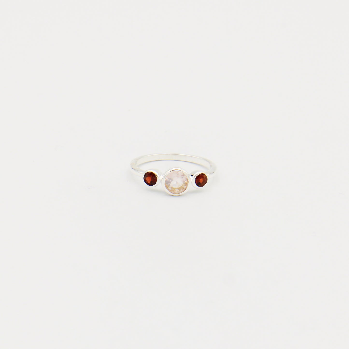 Rose Quartz Round & Tiny Garnets Sterling Ring