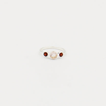 Rose Quartz Round & Tiny Garnets Sterling Ring