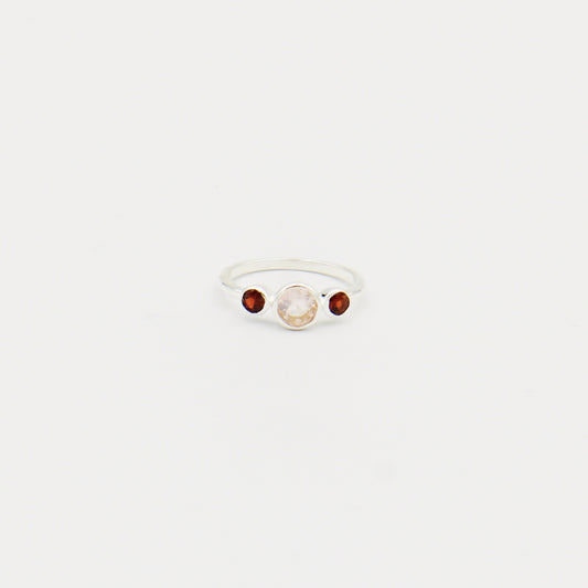 Rose Quartz Round & Tiny Garnets Sterling Ring