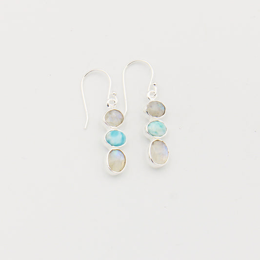Larimar & Moonstone 3-Stone Sterling Earrings
