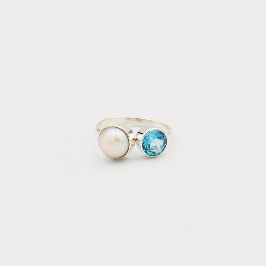 Blue Topaz & Pearl Sterling Ring Size 8