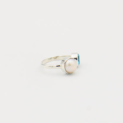 Blue Topaz & Pearl Sterling Ring Size 8