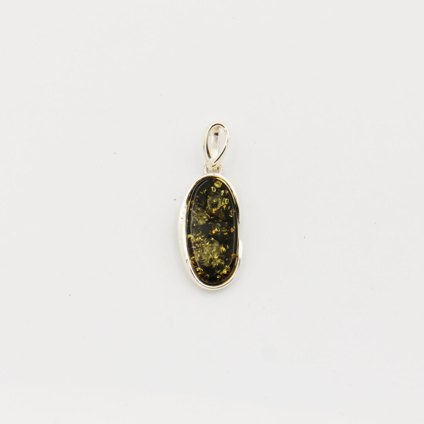 Green Amber Long Oval Sterling Pendant