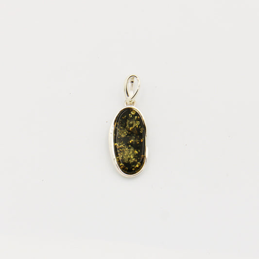 Green Amber Long Oval Sterling Pendant