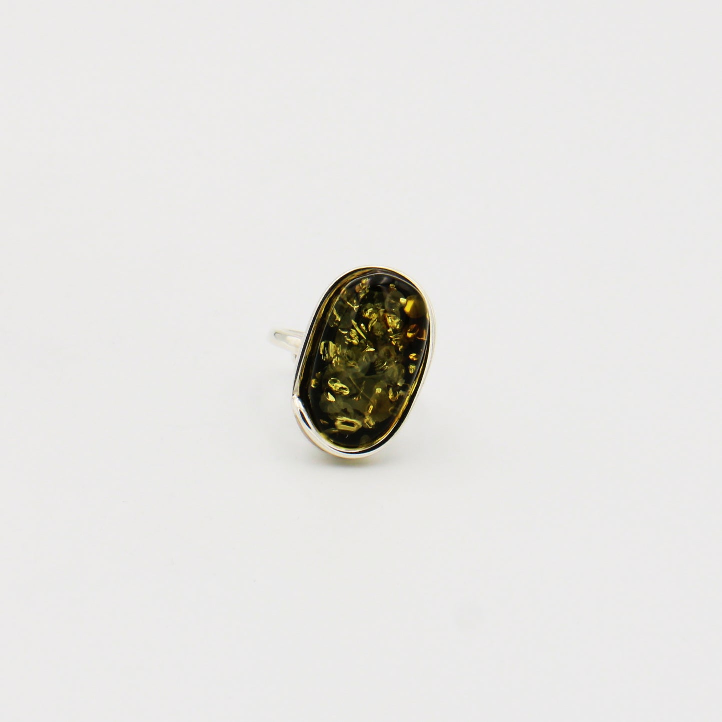 Green Amber Oval Sterling Ring Size Adj