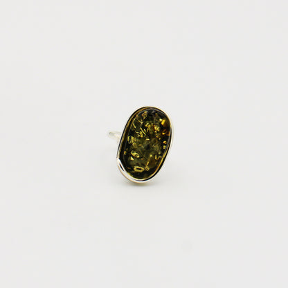 Green Amber Oval Sterling Ring Size Adj