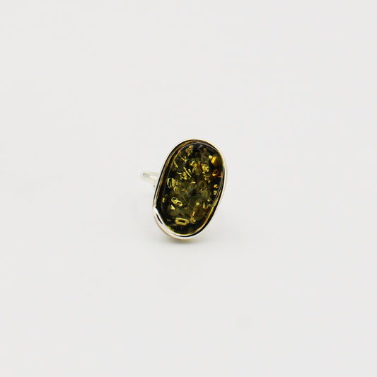 Green Amber Oval Sterling Ring Size Adj