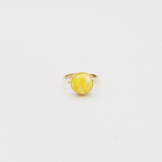 Butterscotch Amber Round Sterling Lattice Bezel Ring Size Adj