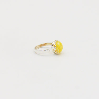 Butterscotch Amber Round Sterling Lattice Bezel Ring Size Adj