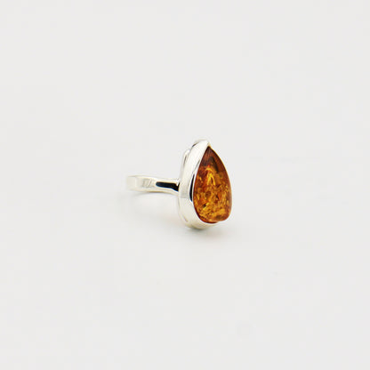 Amber Pear Sterling Ring Size Adj