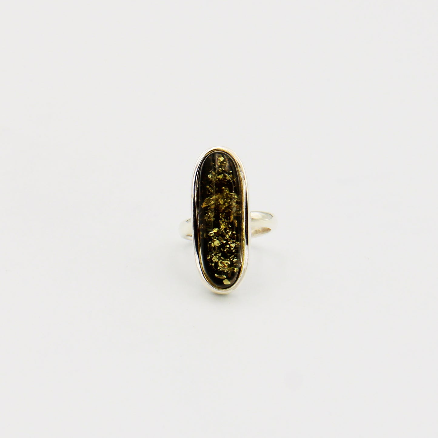Green Amber Long Oval Sterling Ring Size Adj