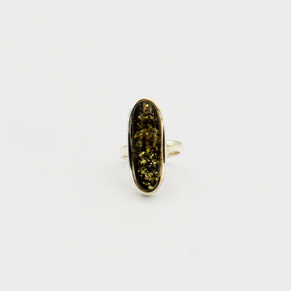 Green Amber Long Oval Sterling Ring Size Adj