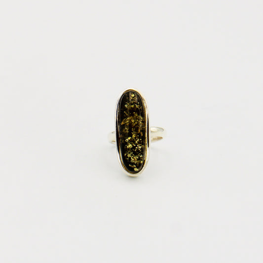 Green Amber Long Oval Sterling Ring Size Adj