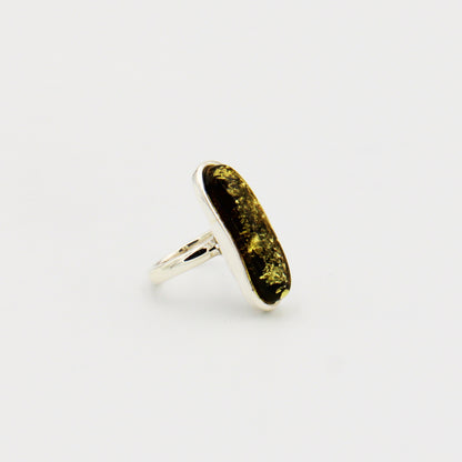 Green Amber Long Oval Sterling Ring Size Adj