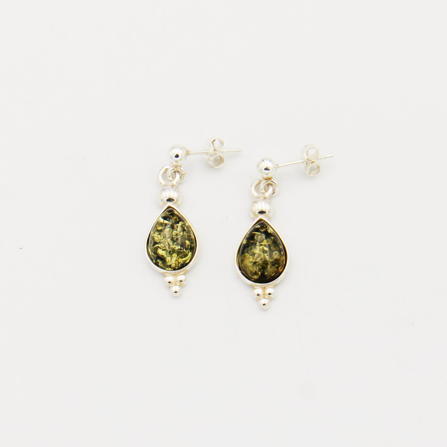 Green Amber Pear Sterling Drop Earrings with Ball Detail