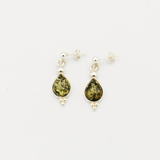 Green Amber Pear Sterling Drop Earrings with Ball Detail