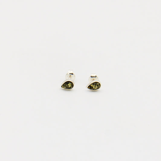 Green Amber Pear Sterling Studs 7mm