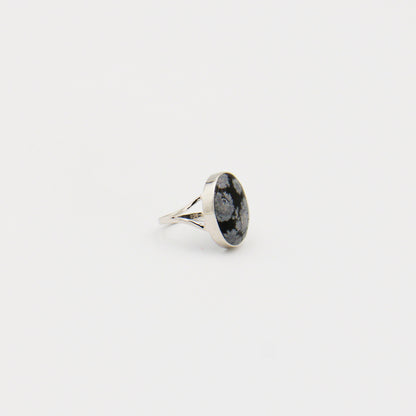Snowflake Obsidian Oval Split Shank Sterling Ring Size 6