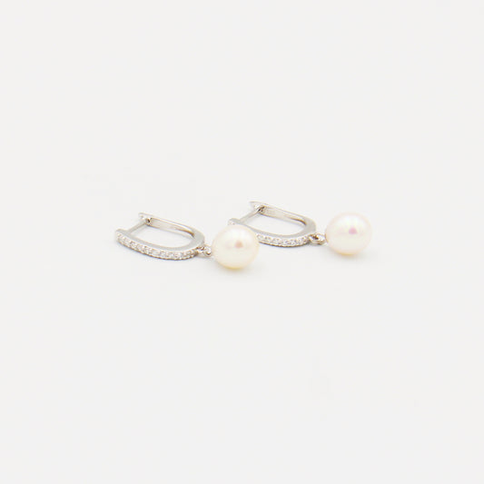 CZ Pearl Drop Sterling Huggie Earrings