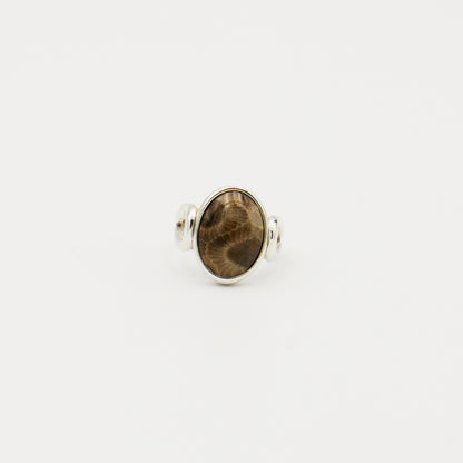 Petoskey Stone Oval Loop Band Sterling Ring Size 8