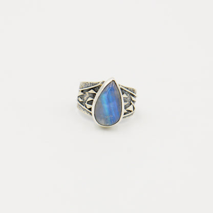 Moonstone Pear Textured Oxidized Sterling Ring Size 10