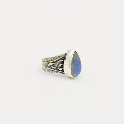 Moonstone Pear Textured Oxidized Sterling Ring Size 10