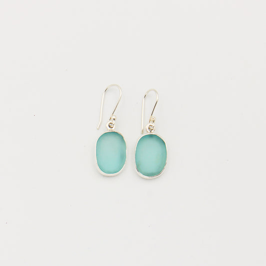 Beach Glass Ice Blue Oval Sterling Earrings