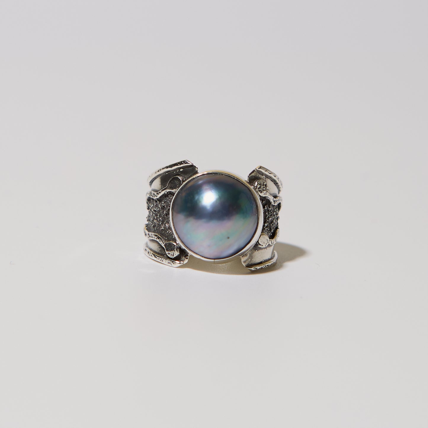 Grey Mother of Pearl Wide Band Sterling Ring Sz 9