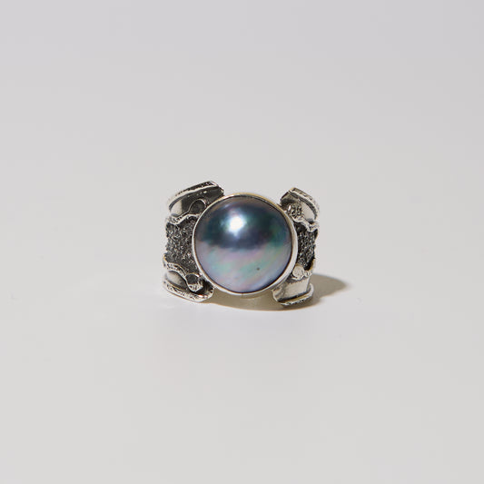 Grey Mother of Pearl Wide Band Sterling Ring Sz 9