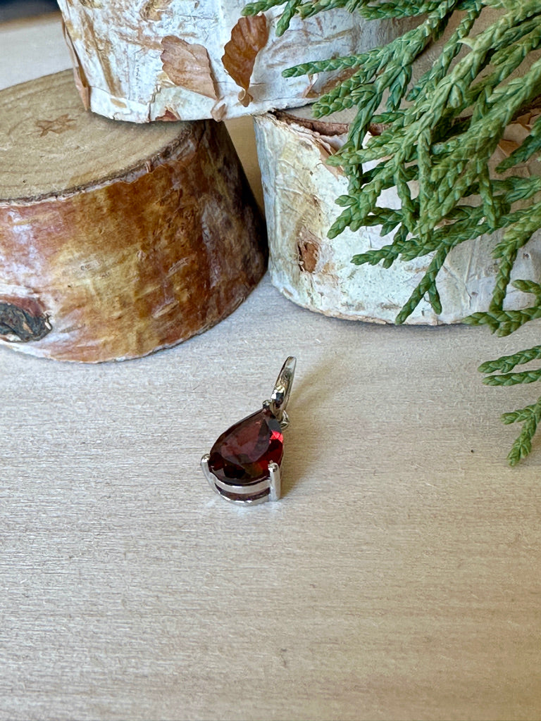 Garnet Pear Prong Sterling Pendant