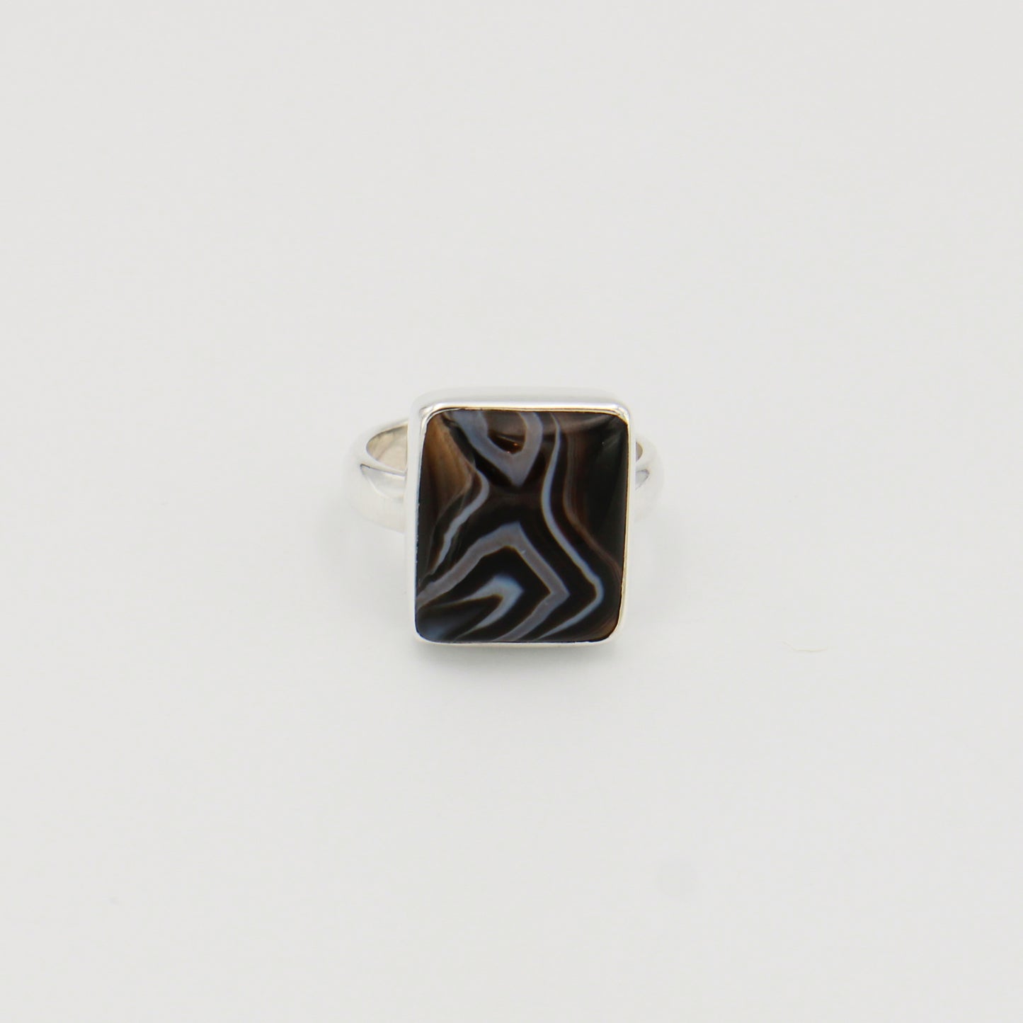 Black Banded Agate Rectangle Sterling Ring Sz 6